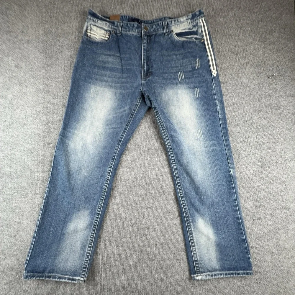Y2K GS115 Jeans Mens 42x33 Blue Slim Fit Straight Leg Denim Embroidered